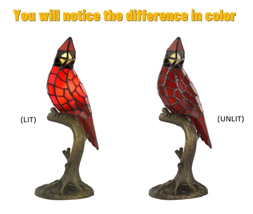 A0011 Cardinal Tiffany Style Table Lamp Handmade Stained Glass Red Bird Lamp in Height 14.5" Overall for Bedside Livingroom Bedroom Home