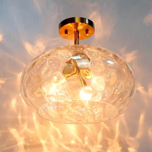 Brass Gold Semi Flush Mount Ceiling Fixture Large Hammered Glass Shade Modern Close to Ceiling Light 14" Art Lampshade for Hallway Foyer Bedroom
