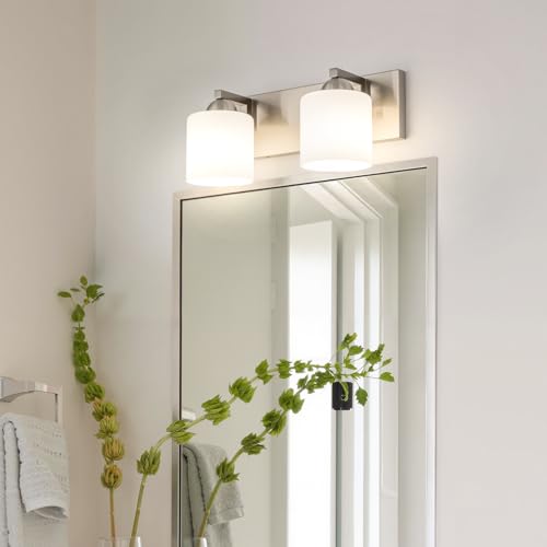 2 Light Brushed Nickel Bathroom Vanity Light with White Glass Shades