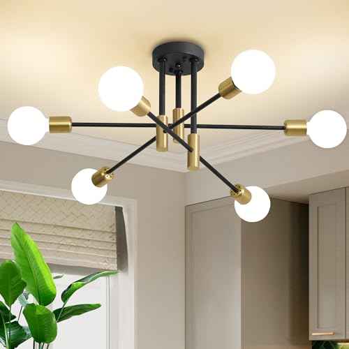 Modern Chandelier Ceiling Light Fixture, 6-Light Sputnik Dining Chandeliers 31.18"Gold&Black Chandelier Over Table, Mid Century Lights Fixture for Dining Room Living Room Kitchen Island(No Lampshade)