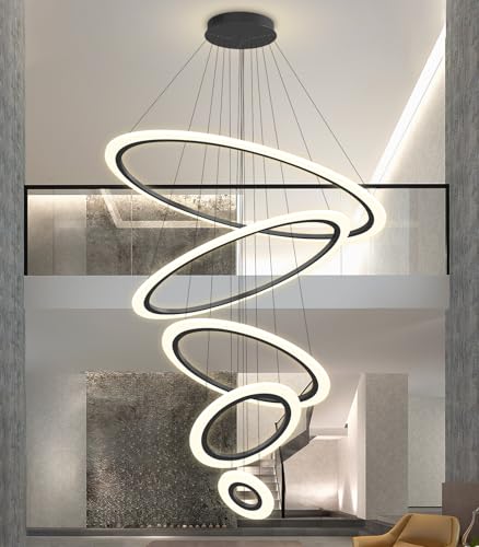 Modern LED Dimmable Chandelier 5 Ring High Ceiling Large Chandelier for Living Room Hanging Light Fixture for Foyer Staircase Black