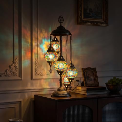 31" Turkish Mosaic Lamp Handmade 5 Globes Moroccan Table Lamp