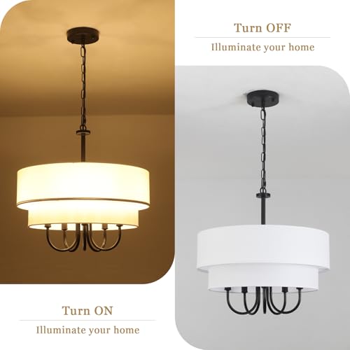 Black Drum Chandelier with White Fabric Shades 18" Farmhouse Chandelier