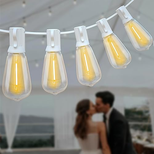 Outdoor String Lights White 100Ft LED Patio Lights Outdoor Waterproof with 50+2 Shatterproof ST38 Bulbs 2200K Dimmable String Lights for Outside Backyard Party Wedding