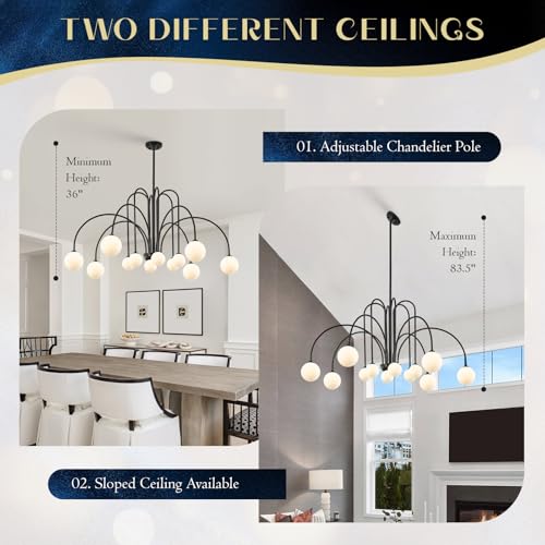Black Sputnik Chandelier with Milk Glass Globe 12 Lights L52 Inch