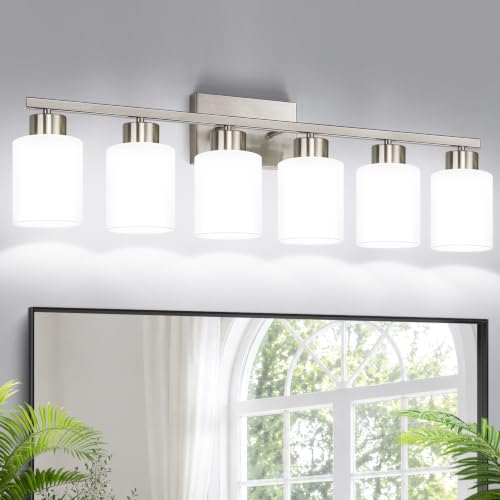 Brushed Nickel Bathroom Light Fixtures with Milk Glass Shades