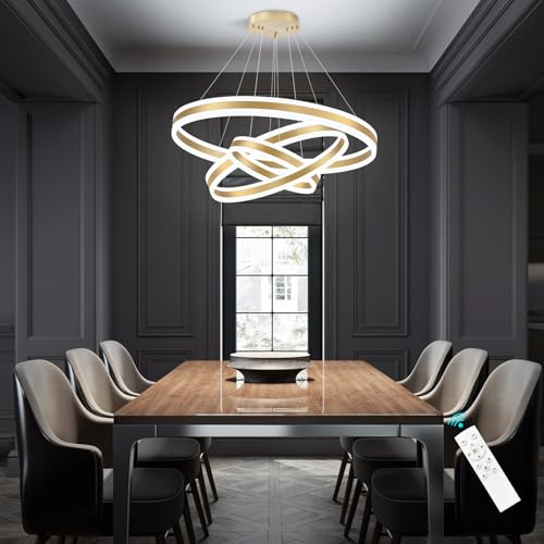 3 Rings Modern Chandelier for Dining Room Gold LED Dimmable Pendant Lightings for Kitchen Island Adjustable Height Flush Mount Ceiling Lighting for Living Room Foyer Hallways 3000K (3 Count)