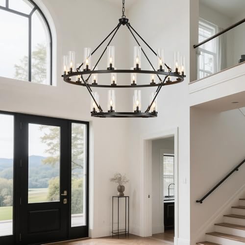 48 Inch Large Black Wagon Wheel Chandelier with Clear Glass Shade 2 Tier 24