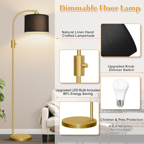 Upgraded Modern Arc Dimmable Tall Standing Floor Lamp with Black Shade
