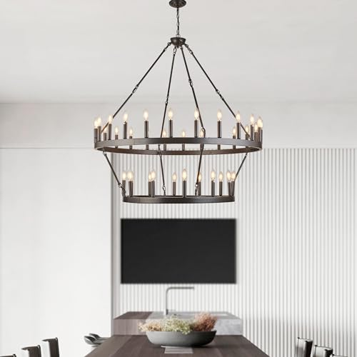 Rustic Farmhouse Wagon Wheel Chandelier Large Chandeliers for High Ceilings Oil Rubbed Bronze 2 Tier 36 Lights 48 Inch for Dining Room Living Room Foyer Porch Kitchen Island