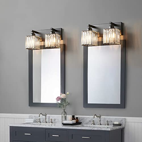 Modern 2 Light Black Crystal Bathroom Vanity Wall Light