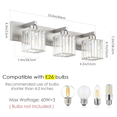Brushed Nickel Vanity Light Bathroom Lighting Fixtures 3 Light Crystal Modern Bathroom Vanity Light