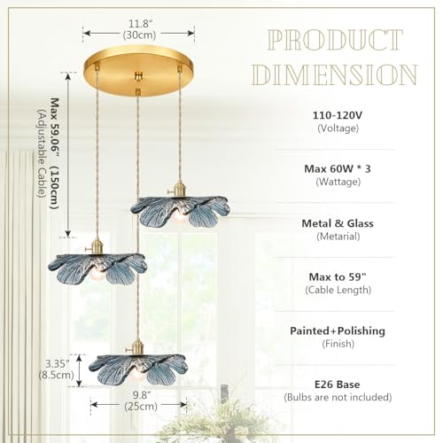 3 Cluster Chandelier Blue Glass Ceiling Pendant Light Fixtures Mid Century Adjustable Gold Brass Chandelier Lighting for Dining Room Living Room Kitchen