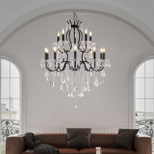 French Country Black Iron Crystal Chandelier