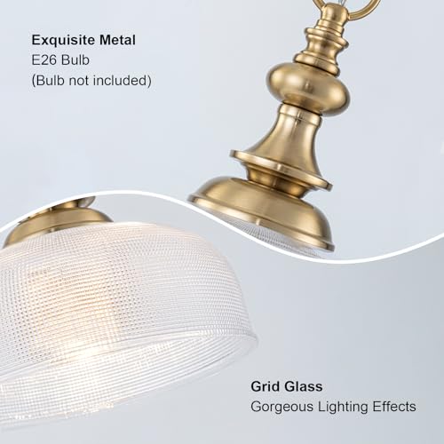 EDSILIVE Vintage Glass Pendant Lights Kitchen Island 10" Bowl Clear Glid Glass Hanging Ceiling Light Fixture with Brass Gold Finish for Dining Room Kitchen Table
