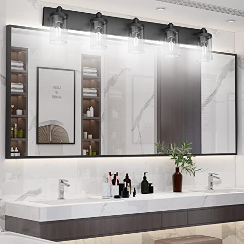 Matte Black Bathroom Vanity Light Fixtures 5 Lights Industrial Lighting Fixtures Over Mirror with Clear Glass Shade