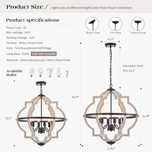 6 Light Farmhouse Wood Pendant Light