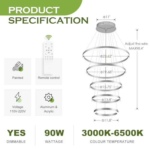 5 Rings Modern LED Chandelier Silver High Ceiling Chandelier with Remote Control Dimmable Pendant Lighting for Dining Room Foyer Living Room Entryway Staircase