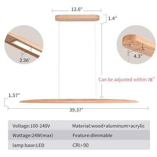 39" 24W Wood LED Linear Pendant Light Fixture Led Dining Room Light Dimmable Hanging Light Fixture for Dining Room Kitchen Island Pool Table Lights Natural Wood Color