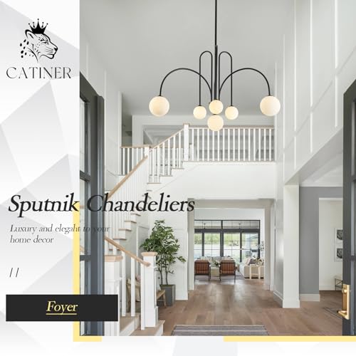 Modern 40" 6 Light Black Sputnik Chandelier with Milk Glass Globe