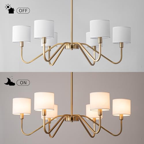 Modern Gold 6-Lights Chandelier, 39" Pendant Light with White Fabric Shade Adjustable Classic Chandelier Light Fixtures for Kitchen Island Dining & Living Room Entryway