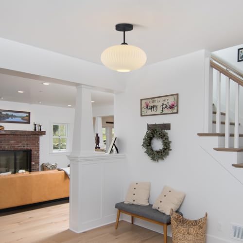 Large Milk Glass Ceiling Light Mid Century Modern Semi Flush Mount Ceiling Light Fixture Farmhouse Black Ceiling Lights for Closet Hallway Bathroom