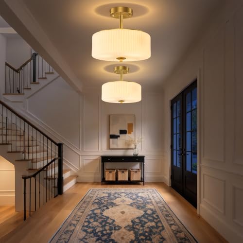 Gold Semi Flush Mount Ceiling Light for Schoolhouse (Gold/Milk)