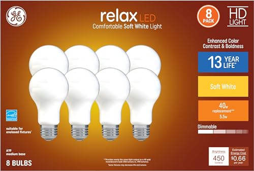 Relax 8 Pack 40 W Equivalent Dimmable Warm White A19 LED Light Fixture Light Bulbs 44898 (8 Count)