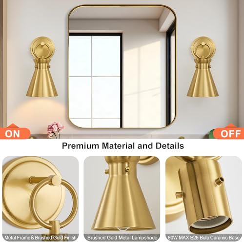 Wall Sconces Set of 2 for Bathroom 6" Gold Metal Shade