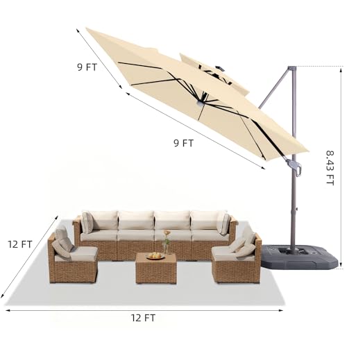 9x9 FT Cantilever Offset Patio Umbrella with Lights & Base