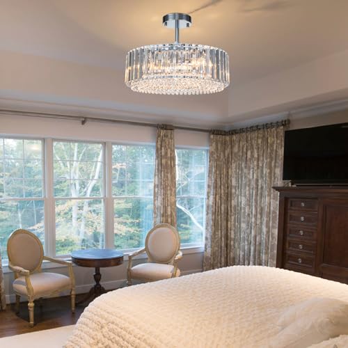 15.8“ Modern Crystal Chandelier Chrome Round Semi Flush Mount Ceiling Light Fixture Chandelier for Living Room Dinning Room Bedroom Hallway Entryway Kitchen