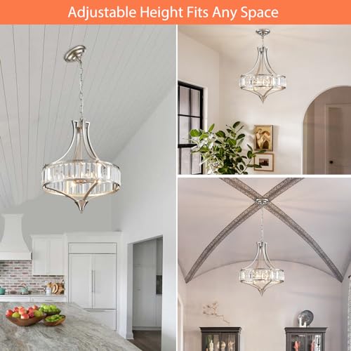 Crystal Chandeliers for Dining Room 15.7" Round Rustic Farmhouse Hanging Pendant Lighting Fixture Modern Brushed Nickel Chandelier Metal Shade 4