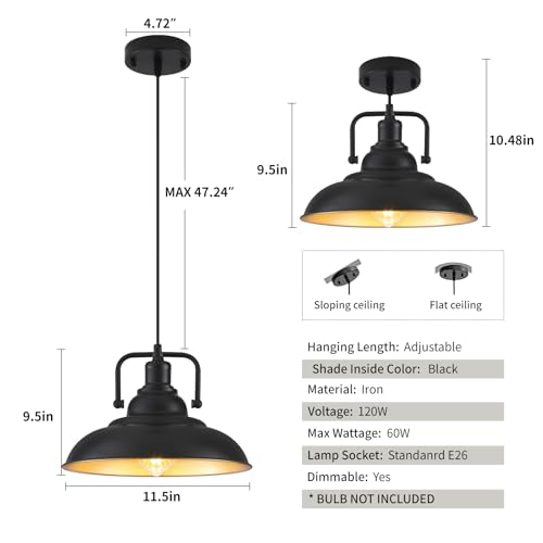 Black and Gold Pendant Light 12.5 inches 3 Packs