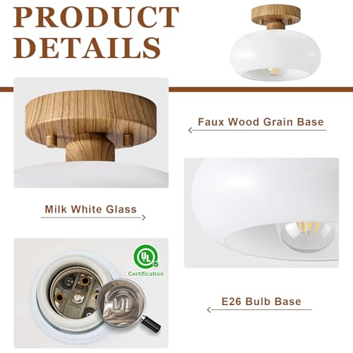 Mid Century Modern Faux Wood Semi Flush Ceiling Light 8.66 Inch
