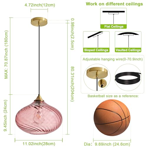11in Gold Pendant Lights Kitchen Island with Purple Pink Glass Shade 1Pack