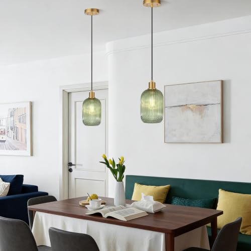 1 Pack Pendant Lights with Vintage Green Ribbed Glass Lampshade