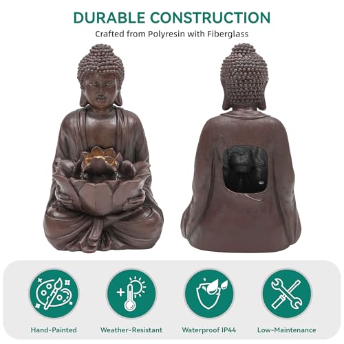 AUTODAYA 18.9" H Buddha Statue Outdoor Water Fountain with Warm LED Lights