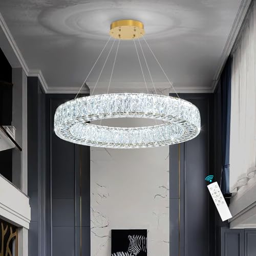 32 Inch Chandelier Glam Dimmable LED Crystal Chandeliers Luxury Round Pendant Lighting Fixtures for Dining Room Bedrooms Gold