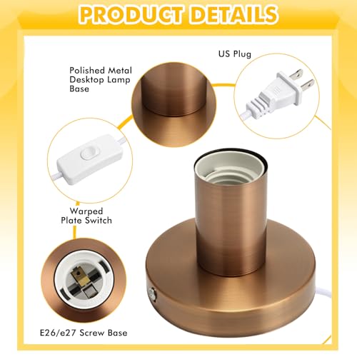 2 Pcs Polished Metal Desktop Lamp Base E26 E27 Screw Light Bulb Holder Sockets Night Light Base Lamp Replacement for Holding Bulb 6 Feet Cord on Off Switch Plug (2 Count)