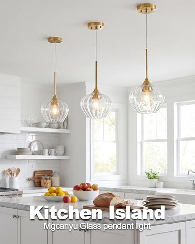 Brushed Gold Pendant Lights Kitchen Island with Ribbed Glass Shade