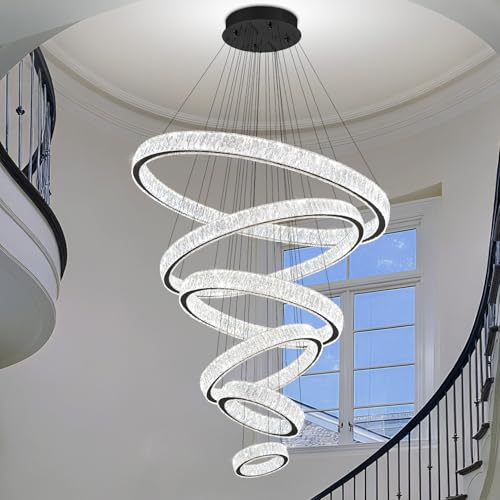 Extra Large 6 Ring Crystal Chandelier Modern LED Long Crystal Chandelier for High Ceiling Height Adjustable Black D8+15.7"+23.6"+31.5"+39.4"+47.5" Dimmable 2700K