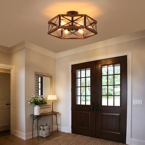 6 Light Large Rustic Farmhouse Wood Flush Mount Ceiling Light Fixture 20 inch Oak Wood and Metal Cage Semi Flush Mount Ceiling Light for Hallway Entry Dining Farmhouse Bedroom Living Room