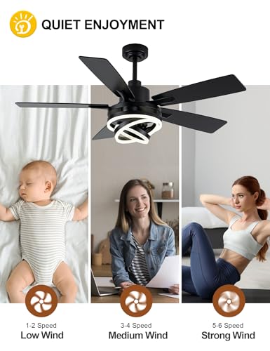 52 Inch Black Modern Ceiling Fans with Lights Chandelier Fan