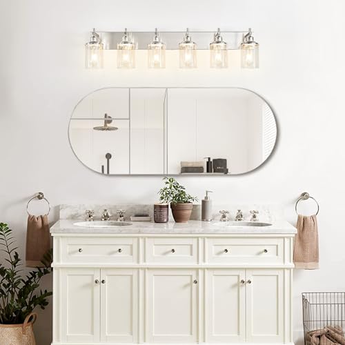 6 Light Brushed Nickel Bathroom Light Fixture Over Mirror Modern Bathroom Vanity Light Vintage Wall Lighting with Clear Glass Shade for Bathroom (6 Count)