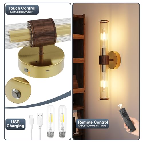 Gold Walnut Battery Operated Wall Sconces Set of 2