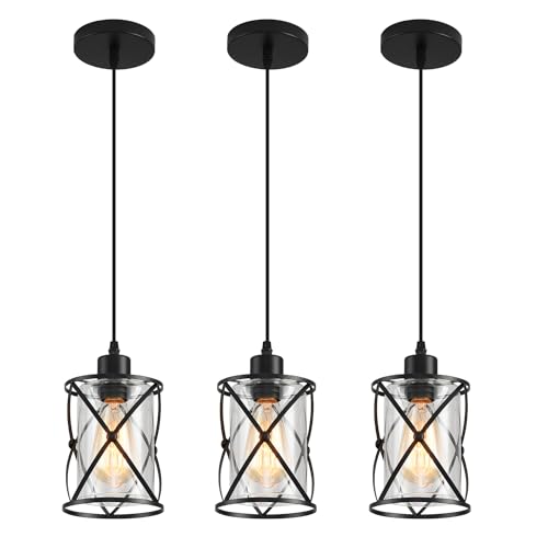 3 Lights Industrial Pendant Light with Glass Shade Matte Black Pendant Lighting Adjustable Industrial Retro Style Hanging Light