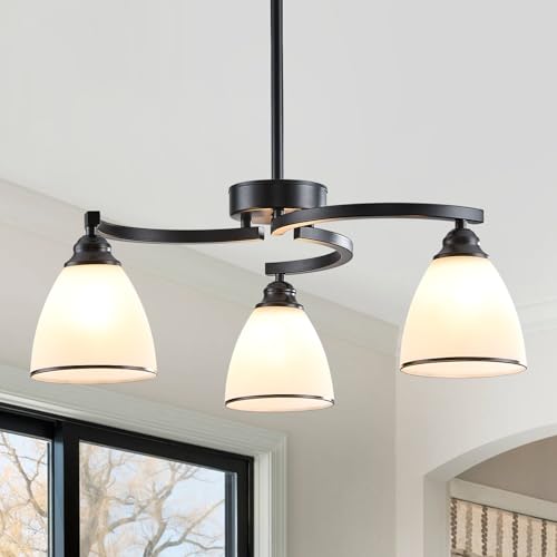3 Lights Modern Chandelier Light Fixture Matte Black Retractable Round Chandelier Rustic Hanging Lamp Adjustable 59" Max Pendant Ceiling Light for Kitchen Island Dining Room Table Hallway