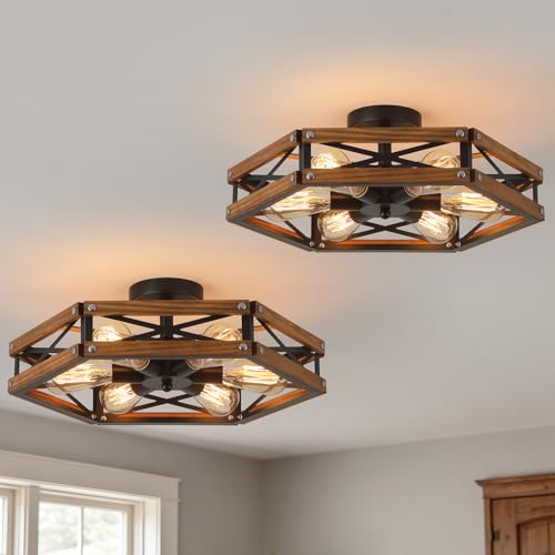 2 Pack 6 Light Large Rustic Farmhouse Wood Flush Mount Ceiling Light Fixture 20 inch Oak Wood and Metal Cage Semi Flush Mount Ceiling Light for Hallway Entry Farmhouse Bedroom Living Room (2 Count)