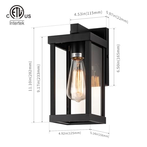 11" Classic Outdoor Wall Sconce 1 Light in Matte Black Rectangular Metal Frame and Clear Glass Shade Waterproof Porch Light Patio Light Pack of 2 (2 Count)