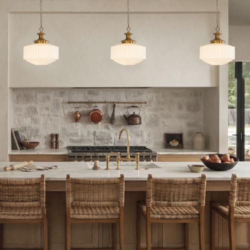 Vintage Brass Milk Glass Pendant Light Fixture